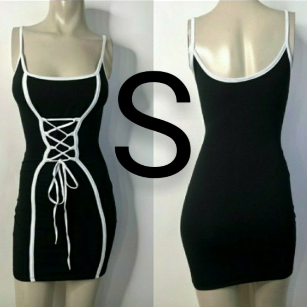 🆕Black & White Cami Corset Lace Up Tie Bodycon Dress    Size S